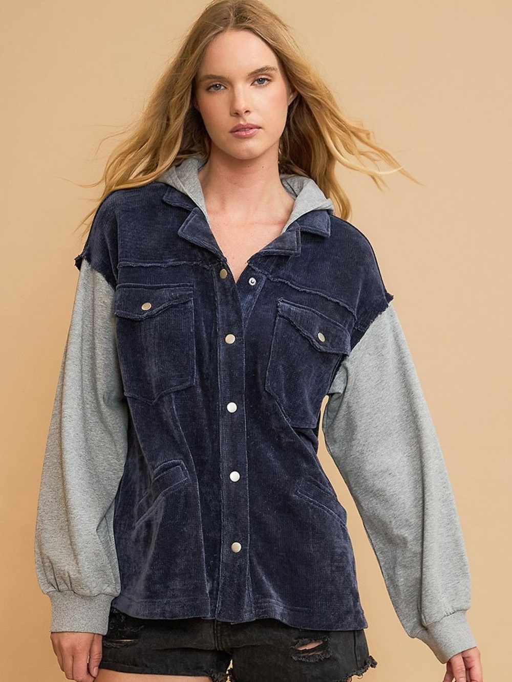 🩵 Contrast Hooded Chenille Jacket- Midnight Blue